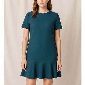 Kaelen Wool Ruffle Hem Shift Dress Size‎ 8 Teal Minimalist Modern Feminine
